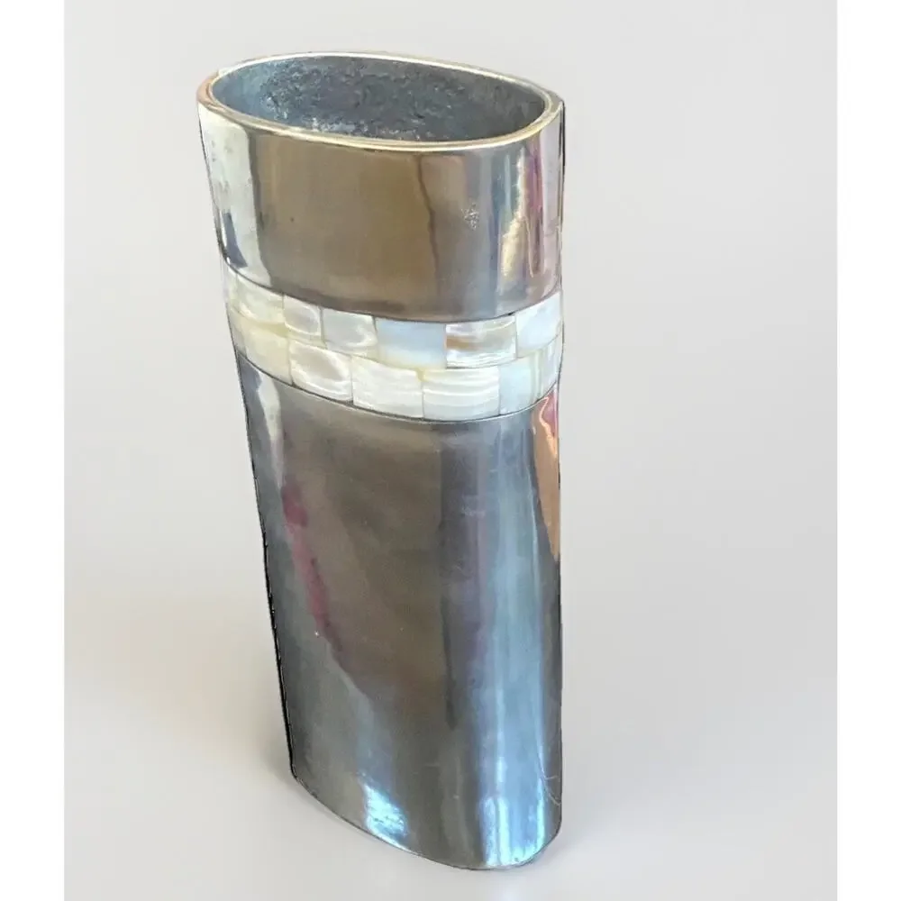 Silver Tone Mother Of Pearl Inlaid Tile Vase 8” Magenta Inc Cylinder Shell Boho